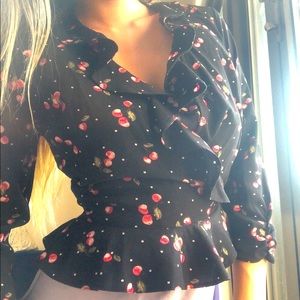 PETITE 🍒 Cherry Ruffle Blouse with Small Polka Dots